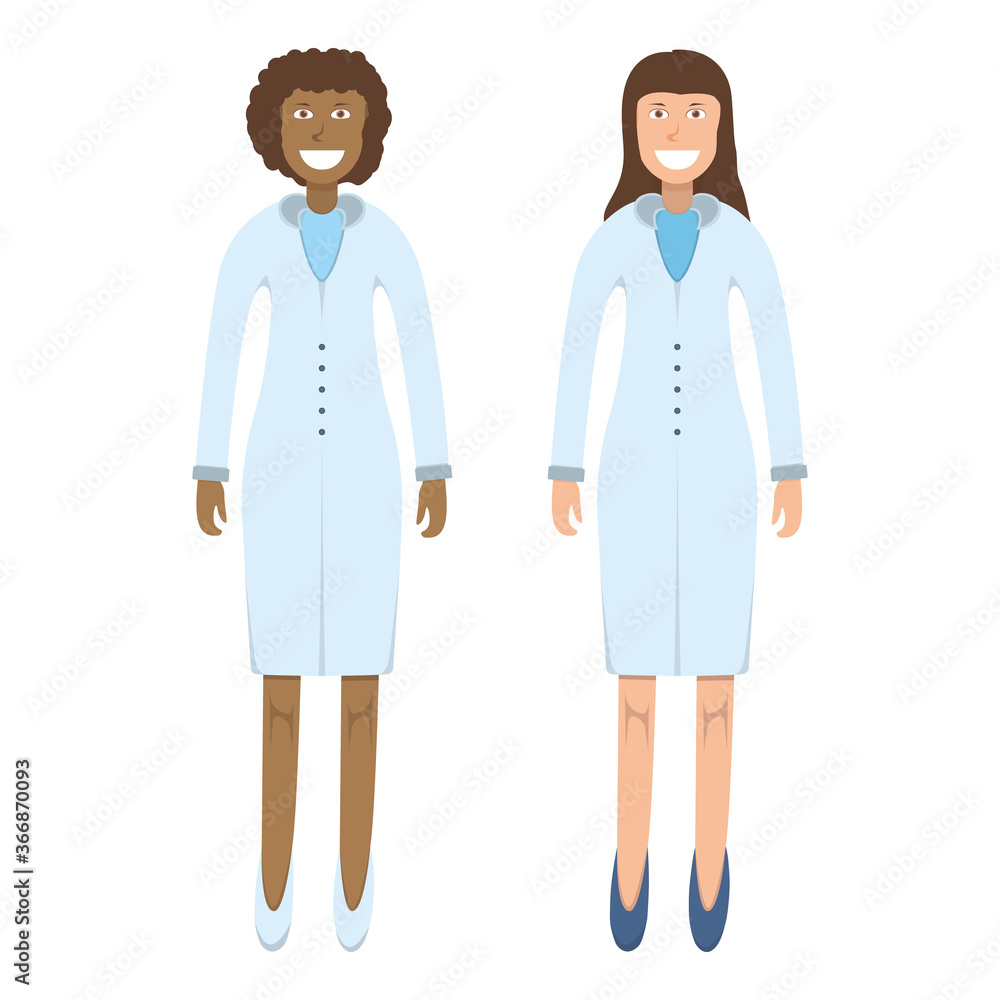 Character doctor standing isolated on white, flat vector illustration. Human male female important physician professional activity, smiling people. Character doctor standing isolated on white, flat vector illustration. Human male female important physician professional activity, smiling people.