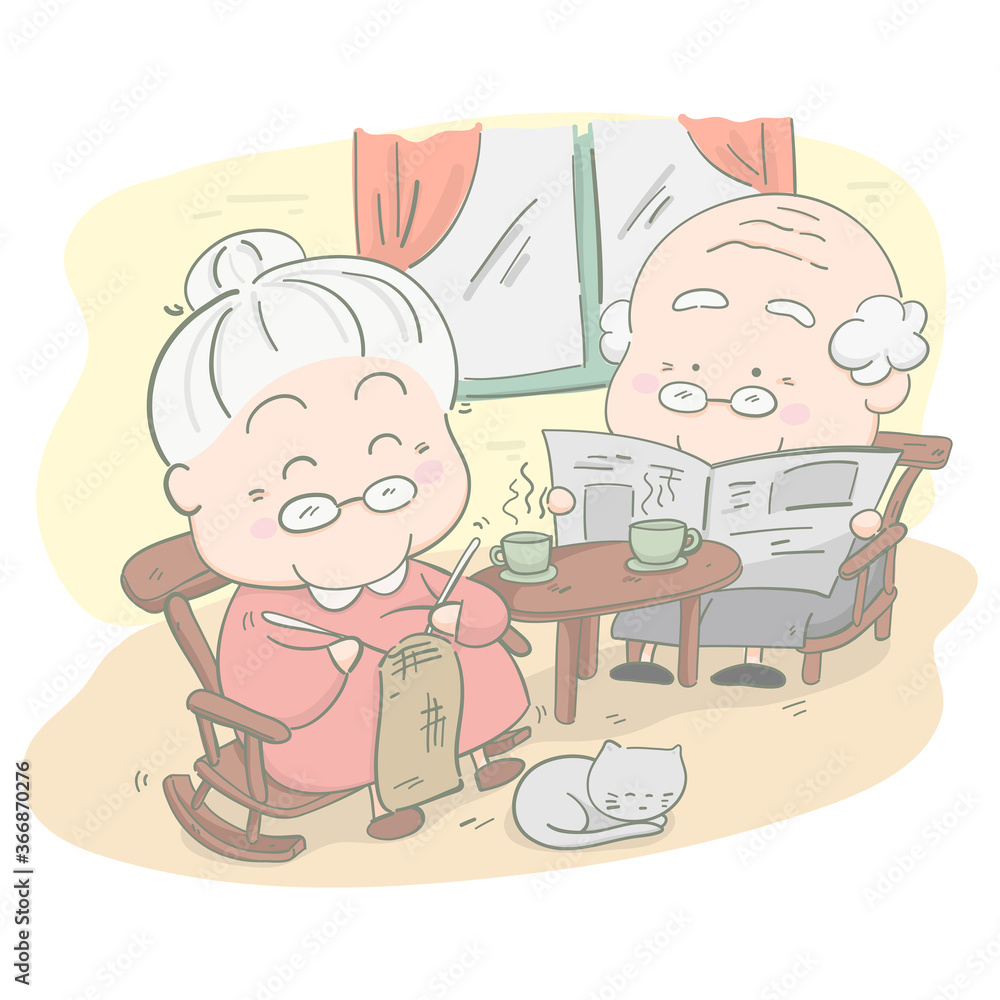 Senior couple at home. She is knitting crochet and he is reading a news. Vector illustration Senior couple at home. She is knitting crochet and he is reading a news. Vector illustration