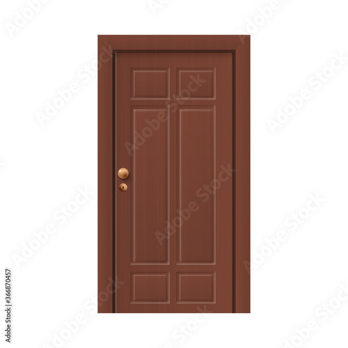 Wooden brown door with doorknob mockup, realistic vector illustration isolated.