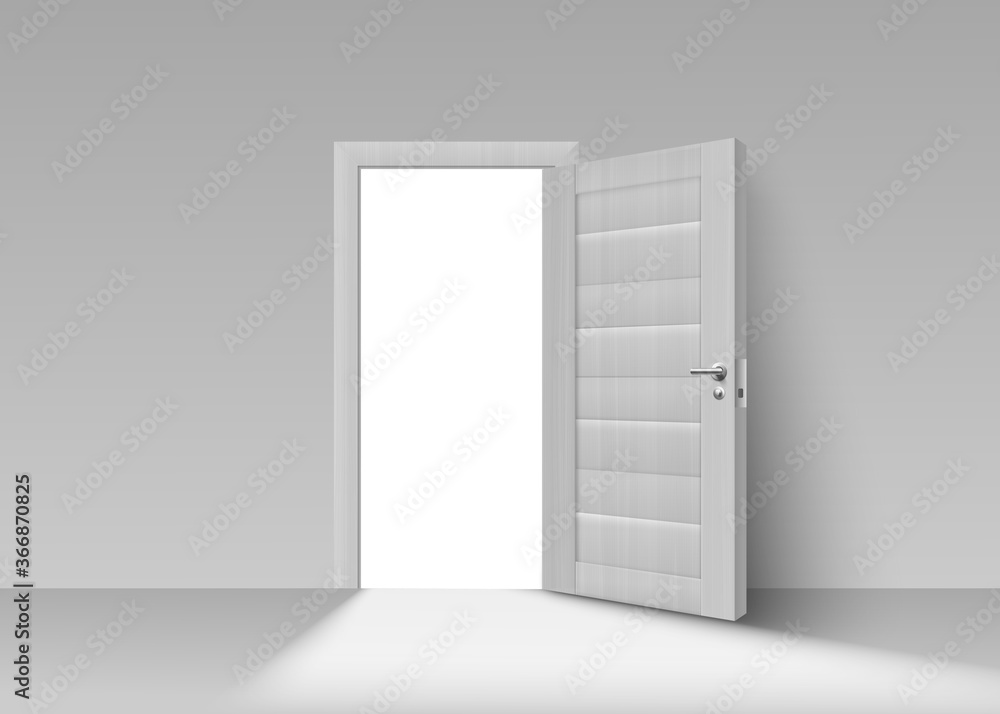Realistic open room door on wall with blank frame with white light. Realistic open room door on wall with blank frame with white light.
