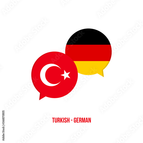 Turkish to german flags speech bubbles for language school, translation, international talks design.