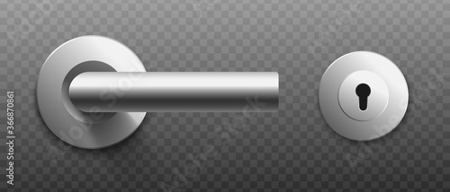 Realistic metal door handle and keyhole set on transparent background