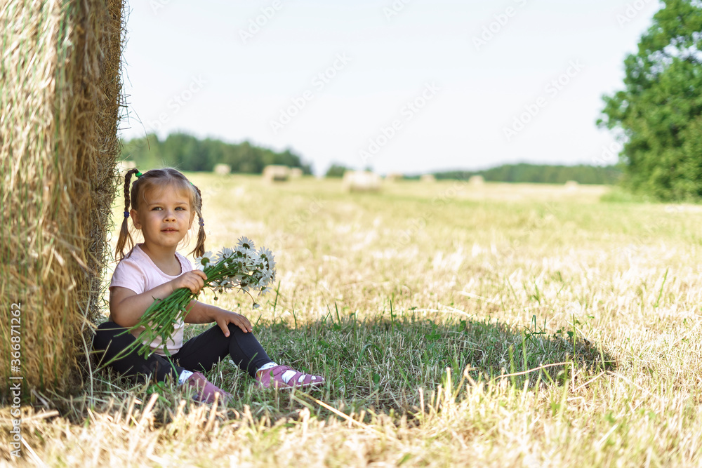 beautiful little girl with a bouquet of field daisies sat down to rest near a haystack on a summer day beautiful little girl with a bouquet of field daisies sat down to rest near a haystack on a summer day