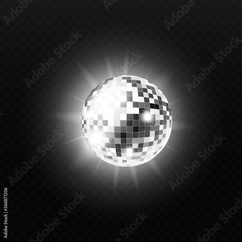 Silver sphere or disco ball with glow template, realistic vector illustration.