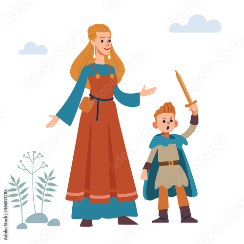Woman viking. Historic medieval viking family. Mother and son. Vector Isolated on white background. Flat style.