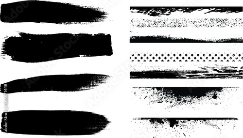 Grunge Paint stripe . Vector brush Stroke . Distressed banner . Black isolated paintbrush collection . Modern Textured shape . Dry border in Black . 