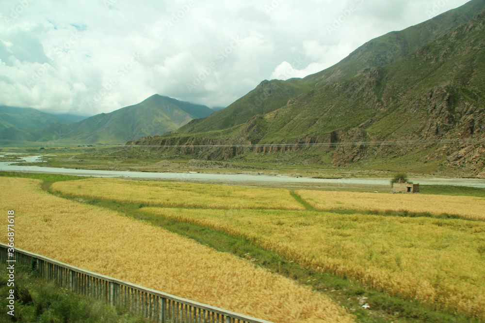 The scenery of Tibet from window of Qinghai Tibet Train (Lhasa Express), Tibet, China.