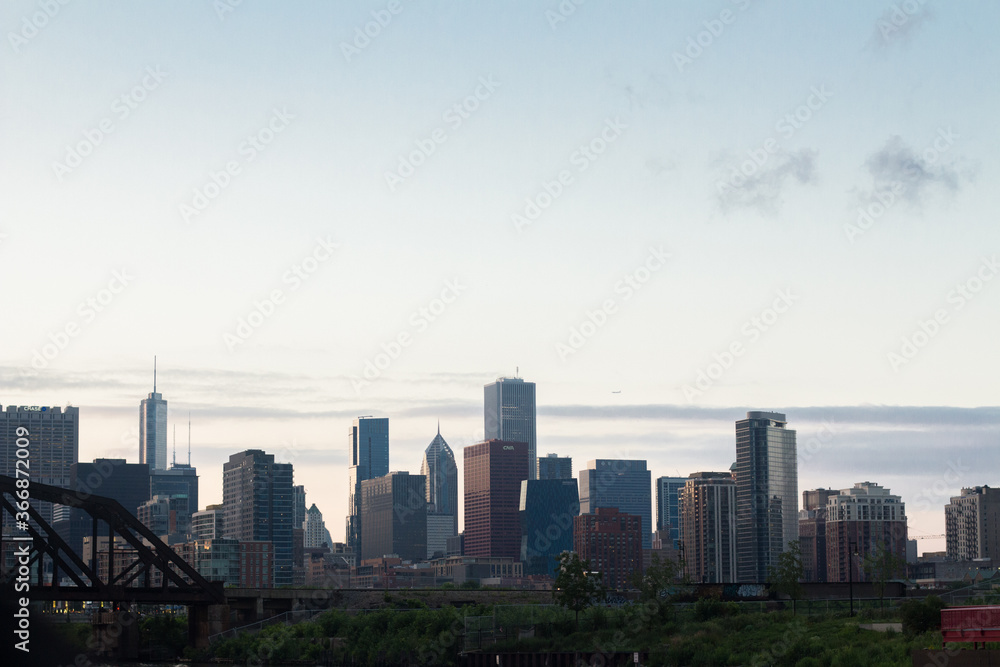 chicago skyline during the day with a blue sky background 