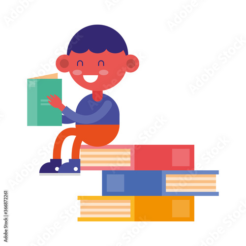 little student boy with books comic character