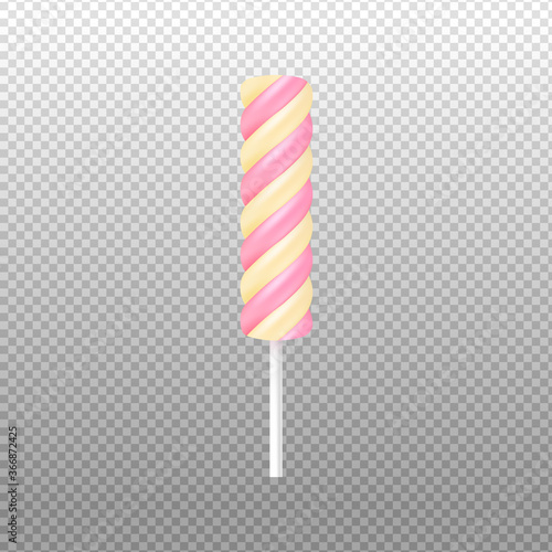 Twisted lollipop or marshmallow on stick realistic vector illustration isolated.