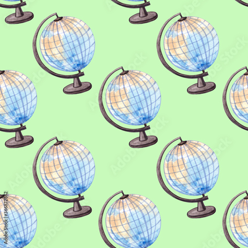 Seamless watercolor pattern with globes on a green background.