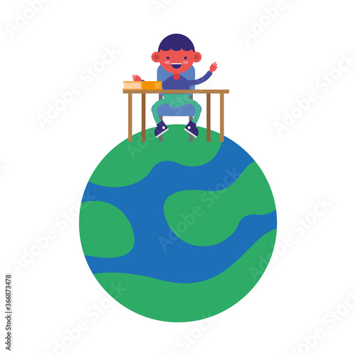 little student boy seated in desk on planet comic character