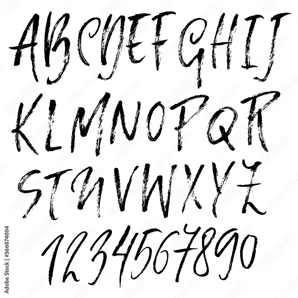 Hand drawn font made by dry brush strokes. Grunge style alphabet. Handwritten font. Vector illustration.
