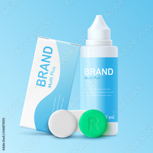 Template of soft contact lens and storage tools, realistic vector illustration.