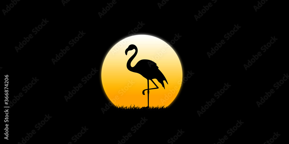 Flamingo walks in the dark moonlight in the dark