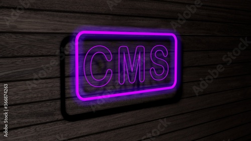 CMS purple color neon fluorescent tubes signs on wooden wall. 3D render, illustration, poster, banner. Inscription, concept on gray wooden wall background.