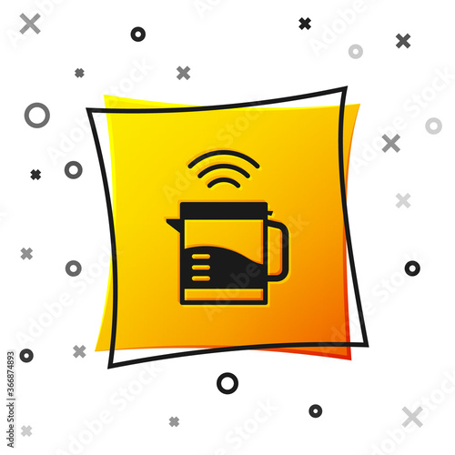 Black Smart electric kettle system icon isolated on white background. Teapot icon. Internet of things concept with wireless connection. Yellow square button. Vector.