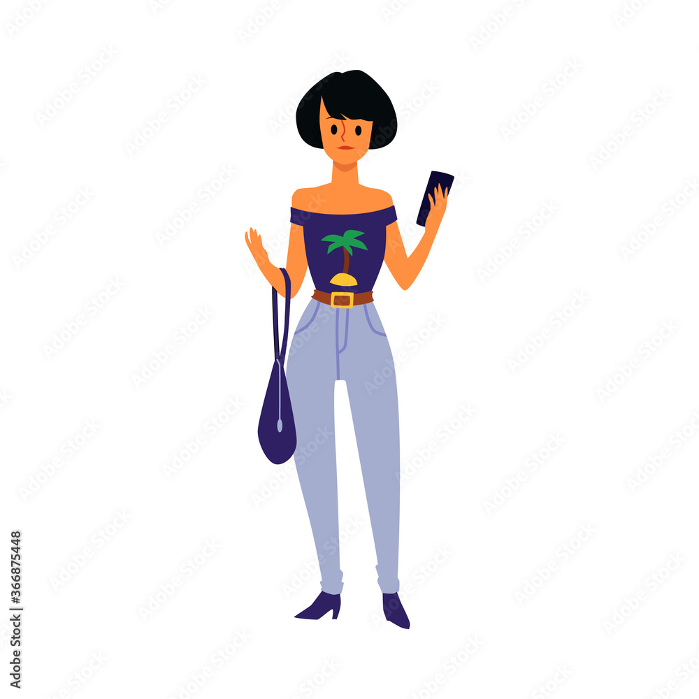 Woman character with smartphone in hands, flat vector illustration isolated. Woman character with smartphone in hands, flat vector illustration isolated.