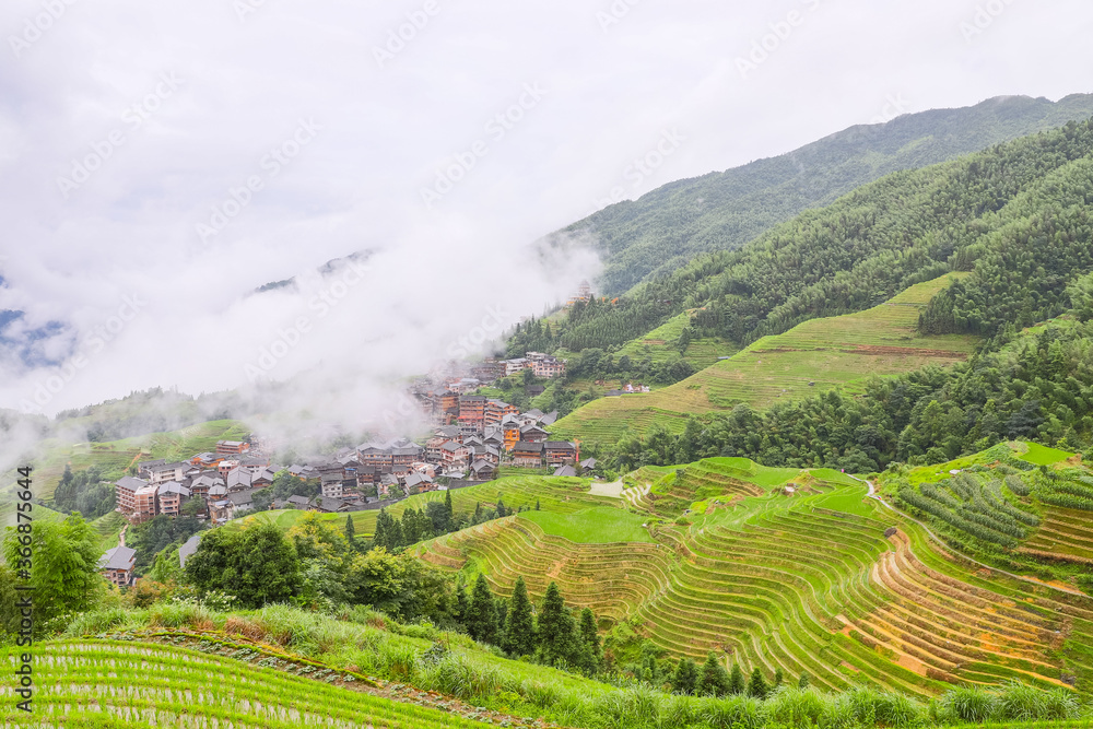 picturesque paddy rice terraces and village houses in Jinkeng, Longji, Guangxi, China in a foggy and cloudy day with occasional rainfall
