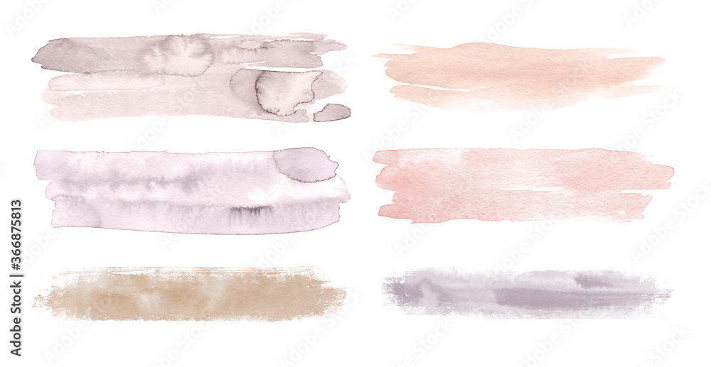Set of watercolor brush stroke and stain in neutral color. Hand drawn pastel brush stains isolated on white background, abstract design elements.