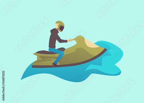 Man character on water bike or jetski vehicle flat vector illustration isolated.