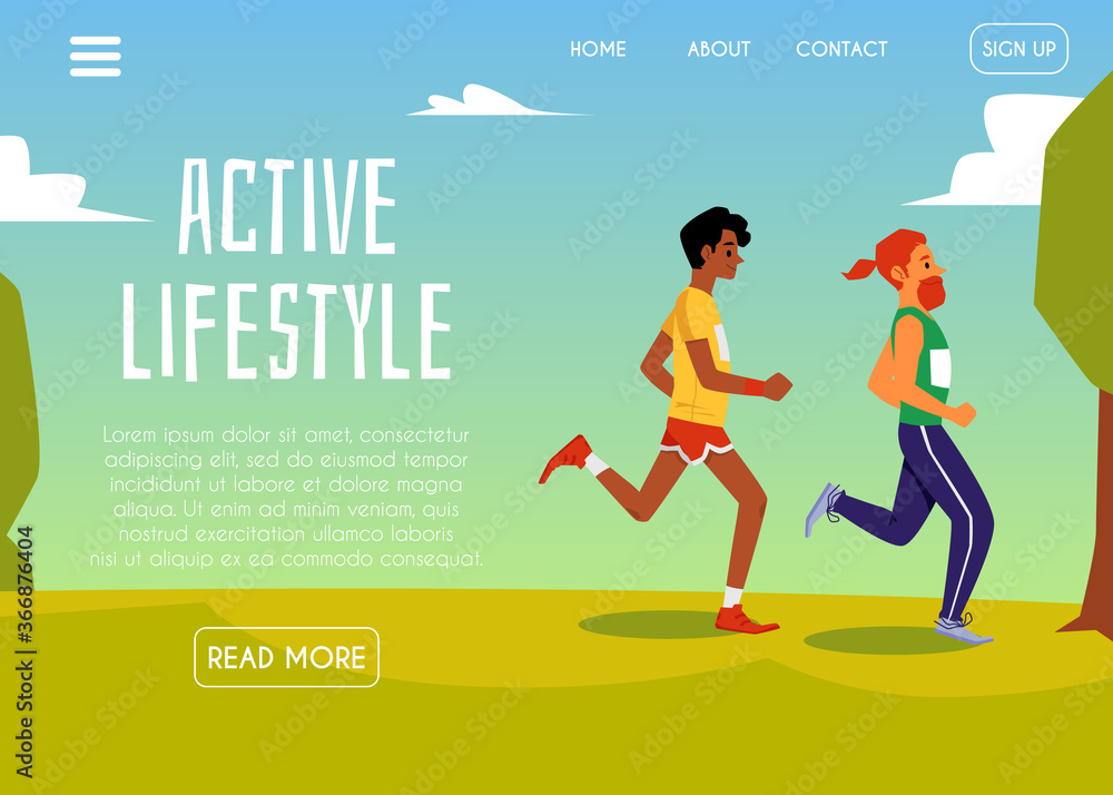 Active lifestyle banner background with running people flat vector illustration.