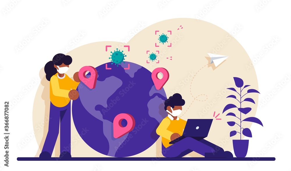 Coronivirus Distribution News Concept. A man and a woman near the planet with pins over the centers of the virus spread. Modern flat illustration. Coronivirus Distribution News Concept. A man and a woman near the planet with pins over the centers of the virus spread. Modern flat illustration.