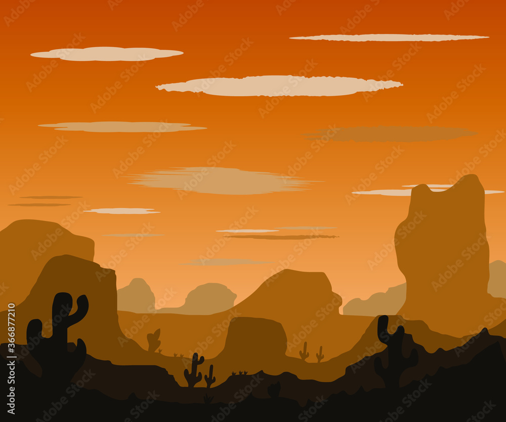 Landscape with sunset in stone desert with cactuses and mountains. Vector illustration.