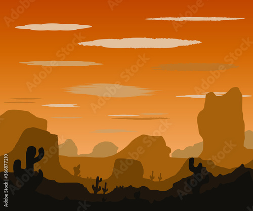 Landscape with sunset in stone desert with cactuses and mountains. Vector illustration.