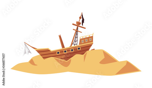 Old wrecked pirate sea ship or sailboat flat vector illustration isolated.