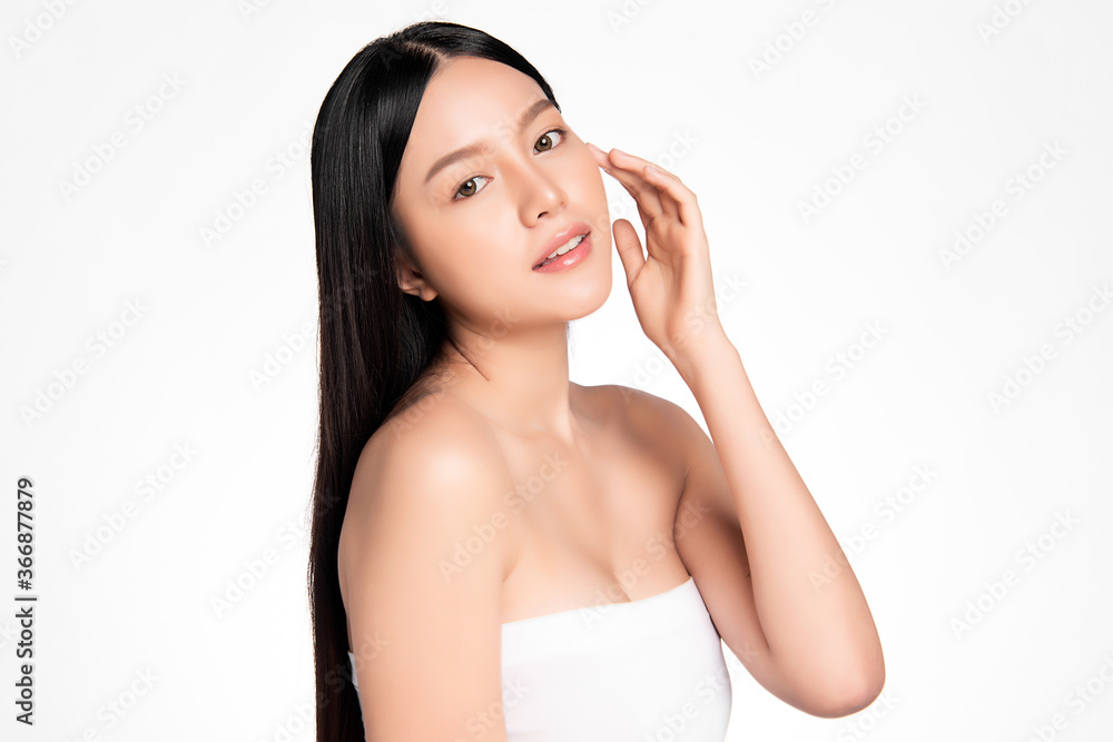 Side view Beautiful Young asian Woman with Clean Fresh Skin, on white background, Face care, Facial treatment. Cosmetology, beauty and spa. Asian women portrait Side view Beautiful Young asian Woman with Clean Fresh Skin, on white background, Face care, Facial treatment. Cosmetology, beauty and spa. Asian women portrait