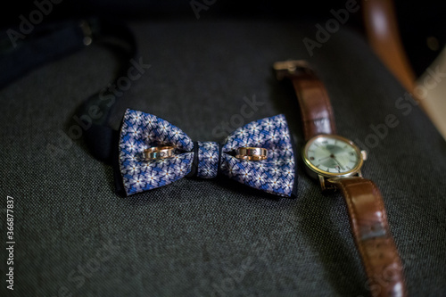 bow tie with wedding rings on the chair