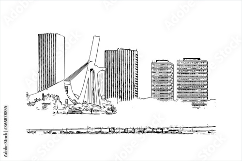 Building view with landmark of Abidjan is a city on the southern Atlantic coast of Cote d'Ivoire, in West Africa. Hand drawn sketch illustration in vector.