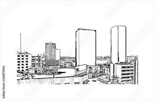 Building view with landmark of Abidjan is a city on the southern Atlantic coast of Cote d'Ivoire, in West Africa. Hand drawn sketch illustration in vector.