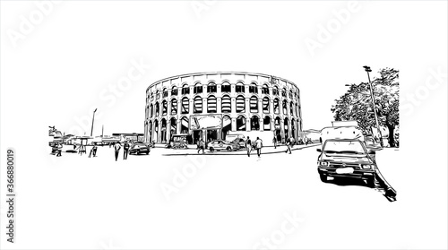 Building view with landmark of Abidjan is a city on the southern Atlantic coast of Cote d'Ivoire, in West Africa. Hand drawn sketch illustration in vector.