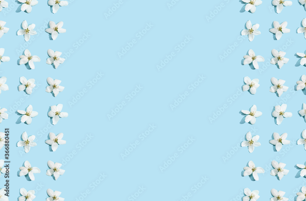 Apple tree floral frame. Bright summer background. Spring white fruit flowers. Repeat spring texture. Creative trend composition. Many springtime elements. Blank may layout. Horizontal banner. Blue Apple tree floral frame. Bright summer background. Spring white fruit flowers. Repeat spring texture. Creative trend composition. Many springtime elements. Blank may layout. Horizontal banner. Blue