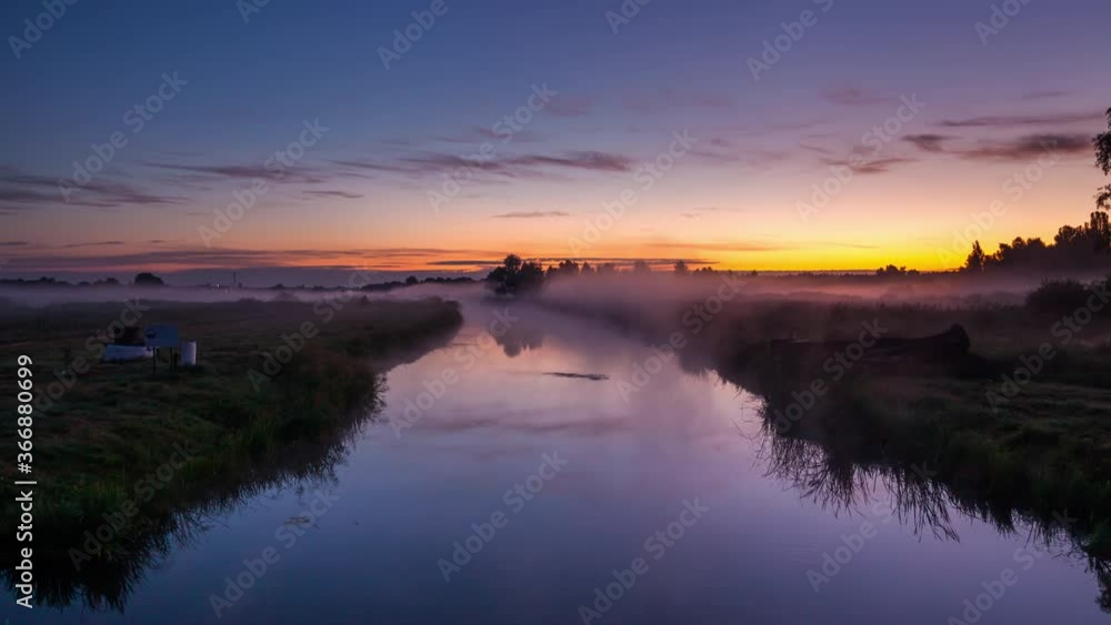 Timelapse of misty sunrise on the river. Beautiful summer landscape. Timelapse of misty sunrise on the river. Beautiful summer landscape.