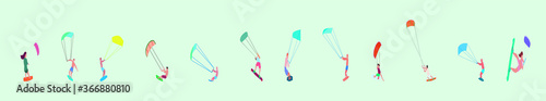 set of kite surfers in various poses isolated on blue background
