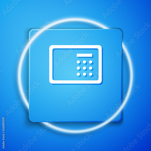 White Safe icon isolated on blue background. The door safe a bank vault with a combination lock. Reliable Data Protection. Blue square button. Vector.