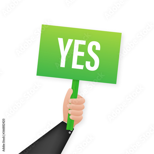ands holds sign with green tick. Satisfaction, acceptance. Vector stock illustration.