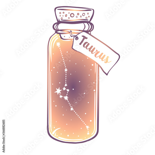 Glass Bottle with zodiac Taurus constellation inside. Vector ink illustration. Doodle style sketch, Color gradient drawing isolated on white.