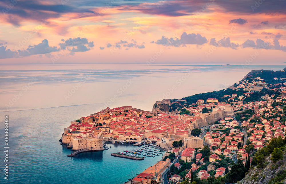 Amazing morning view of Dubrovnik city. Stunning summer scene of Croatia, Europe. Beautiful world of Mediterranean countries. Traveling concept background.