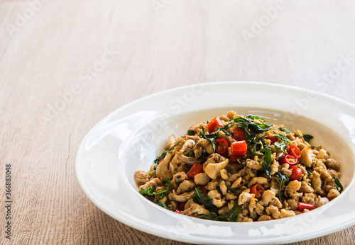 Stir fried chicken with basil, Thai famous street food