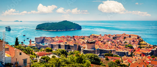 Panoramic morning view of Dubrovnik city. Spectacular summer scene of Croatia  Europe. Beautiful world of Mediterranean countries. Traveling concept background.