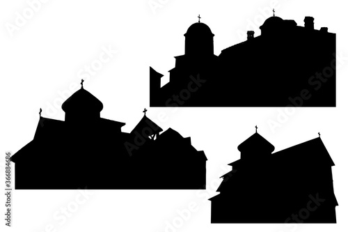 Christian monastery, temple silhouettes set in Byzantine style on white background