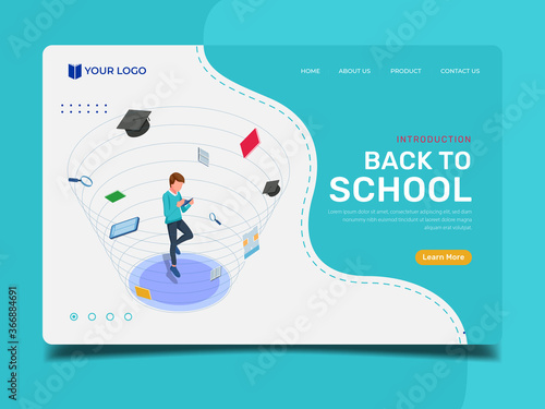 Man reading book. Anti gravity people with school tools. Landing page illustration template.