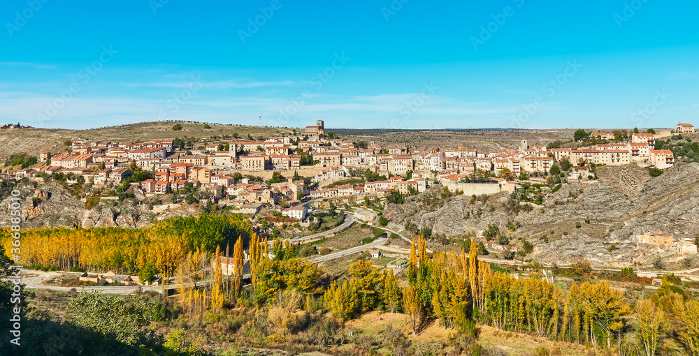 autumn landscape and the city of sepulveda,Segovia,Spain.Aerial view
