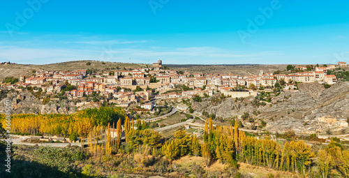autumn landscape and the city of sepulveda,Segovia,Spain.Aerial view