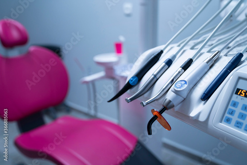 Dentist’s office. Close up of modern dentists office equipment.