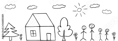 Kid’s art, family and house and trees and flowers. Child drawing. Vector illustration.